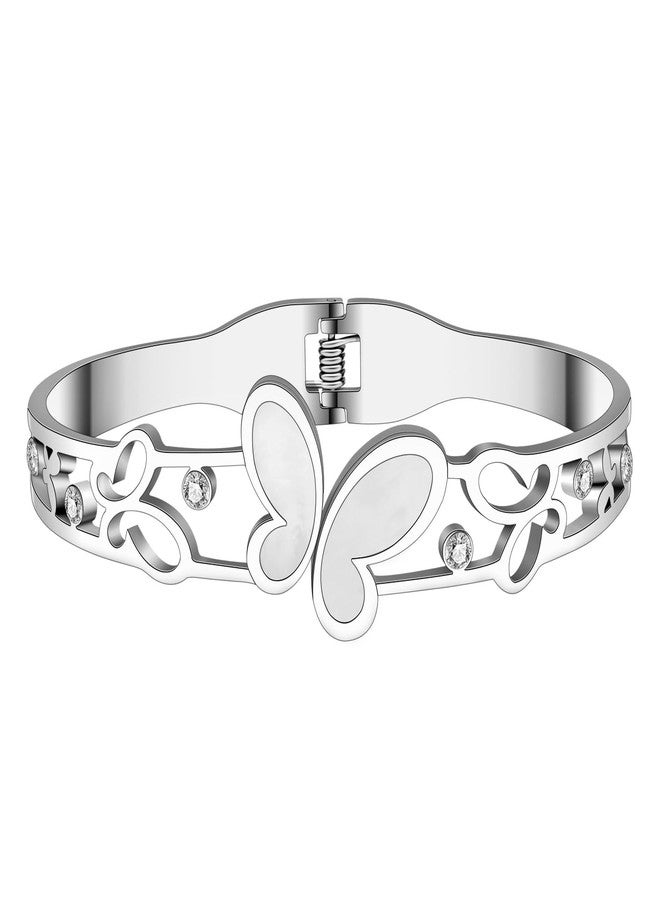 BONSNY Stainless Steel 18K Gold Silver Plated Butterfly with White Shells Rhinestones Cuff Bracelets Bangles for Women Friendship Jewelry Gifts Non Tarnish (Silver Plated) - Image 2