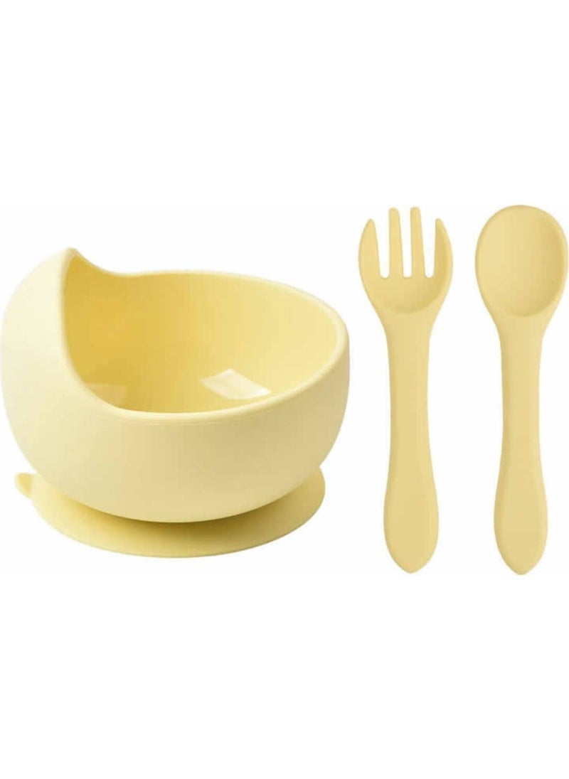 Jojobebek Kids Silicone Bib, Silicone Vacuum Bowl, Silicone Spoon and Fork / Yellow  - Image 3