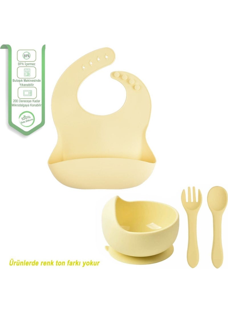Jojobebek Kids Silicone Bib, Silicone Vacuum Bowl, Silicone Spoon and Fork / Yellow  - Image 1