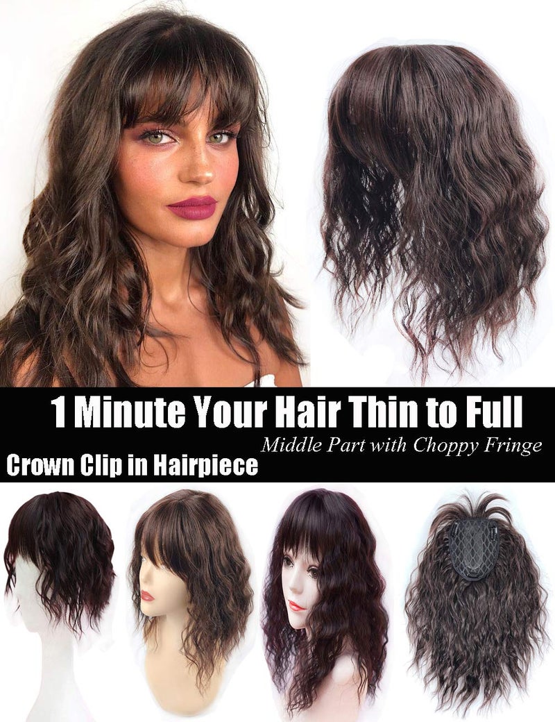 Water Wavy Hair Forehead Piece Clip in Middle Part Topper with Choppy Fringe Thin45cm Black