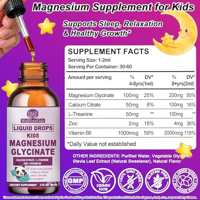 WellVeraVida Magnesium Glycinate Liquid for Kids & Adults, Magnesium Glycinate 200/100mg with Calcium, L-theanine, Vitamin B6 Zinc for Restful Sleep,Brain & Focus, High Absorption Magnesium Bisglycinate Supplement - Image 2