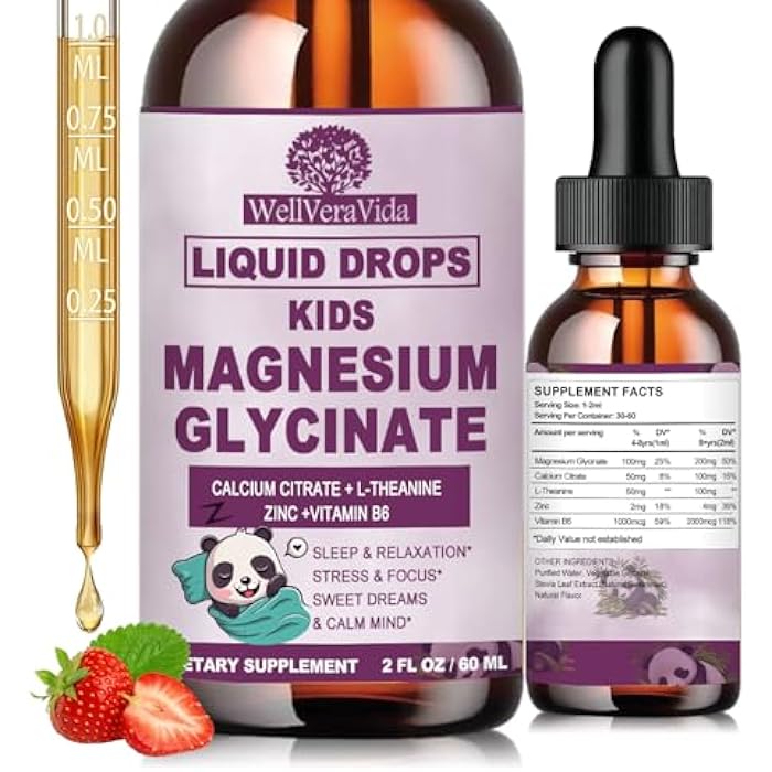 WellVeraVida Magnesium Glycinate Liquid for Kids & Adults, Magnesium Glycinate 200/100mg with Calcium, L-theanine, Vitamin B6 Zinc for Restful Sleep,Brain & Focus, High Absorption Magnesium Bisglycinate Supplement - Image 1