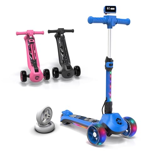 Elecorange T500 Electric Scooter for Kids Ages 49 Extra Pair of LED Wheels Electric Horn Ride On for Children 48 3 Wheel Electric Scooters for Kid 57 Kick Scooters for Boy Girl Blue - Image 1