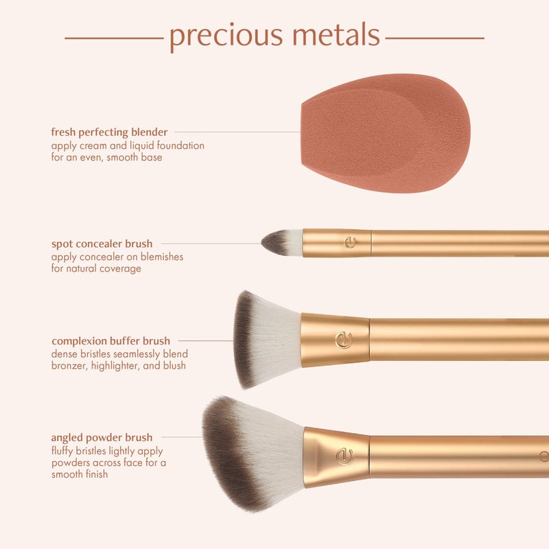 EcoTools Precious Metals Face Blend & Sculpt Set, Makeup Brush Set For Foundation, Concealer, & Powder, Makeup Sponge, Eco-Friendly, Recycled Aluminum, Chrome, Cruelty-Free, 4 Piece Set - Image 4