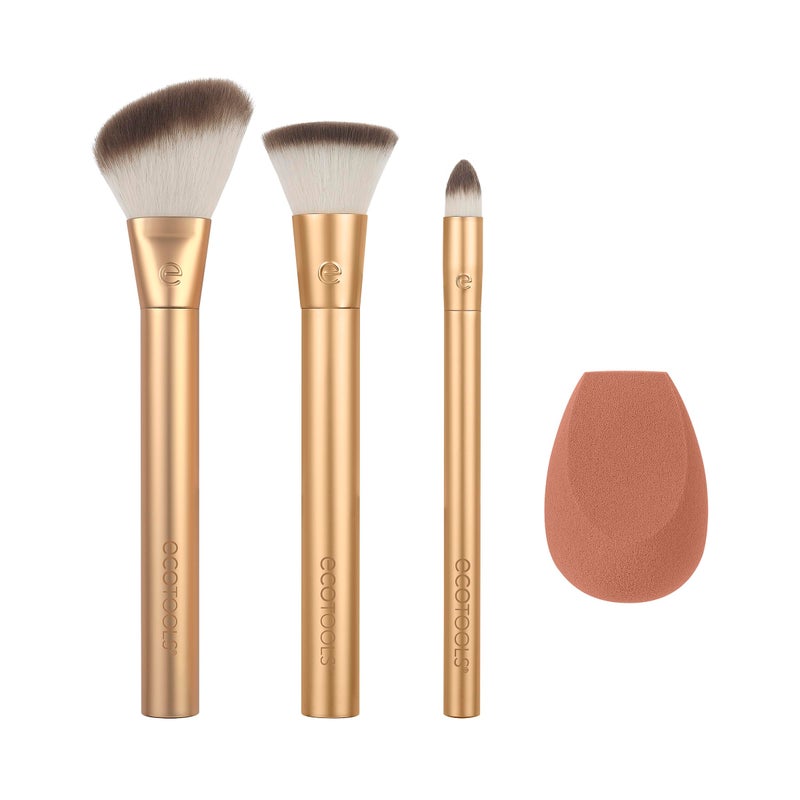 EcoTools Precious Metals Face Blend & Sculpt Set, Makeup Brush Set For Foundation, Concealer, & Powder, Makeup Sponge, Eco-Friendly, Recycled Aluminum, Chrome, Cruelty-Free, 4 Piece Set - Image 1