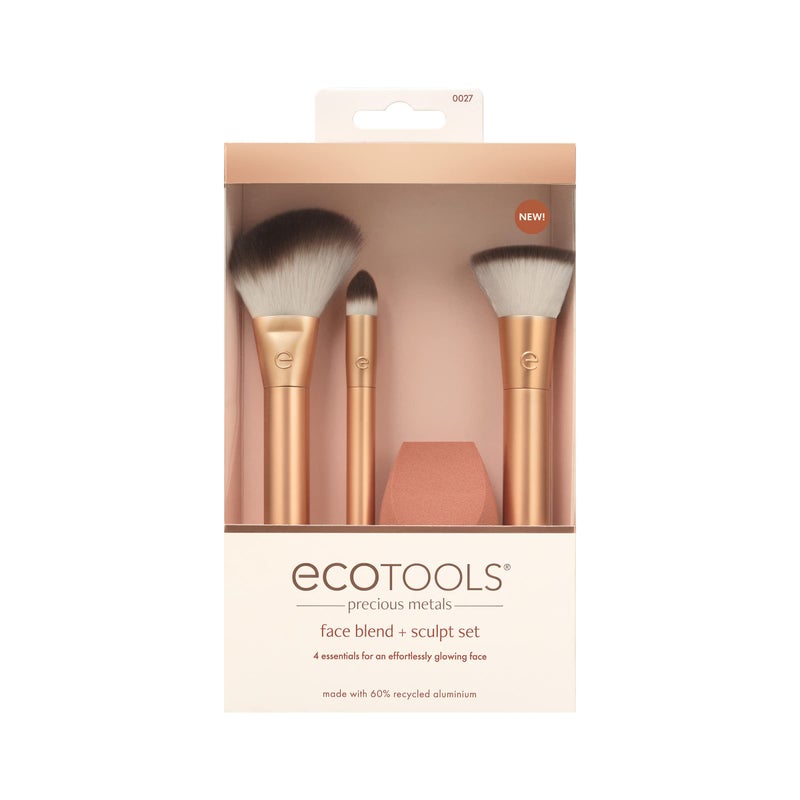 EcoTools Precious Metals Face Blend & Sculpt Set, Makeup Brush Set For Foundation, Concealer, & Powder, Makeup Sponge, Eco-Friendly, Recycled Aluminum, Chrome, Cruelty-Free, 4 Piece Set - Image 2