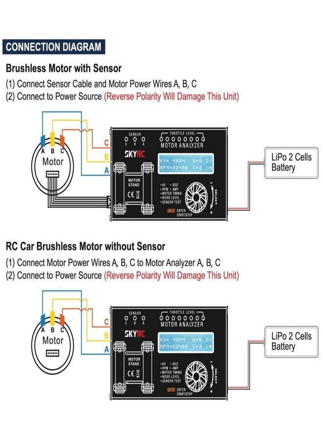 SkyRC Brushless Motor Analyzer: Motor KV, RPM, Timing Measurement, Hall Sensor Check, Brushless Motor Tester with 2x16 Characters LCD - Ideal for RC Hobby - Image 5