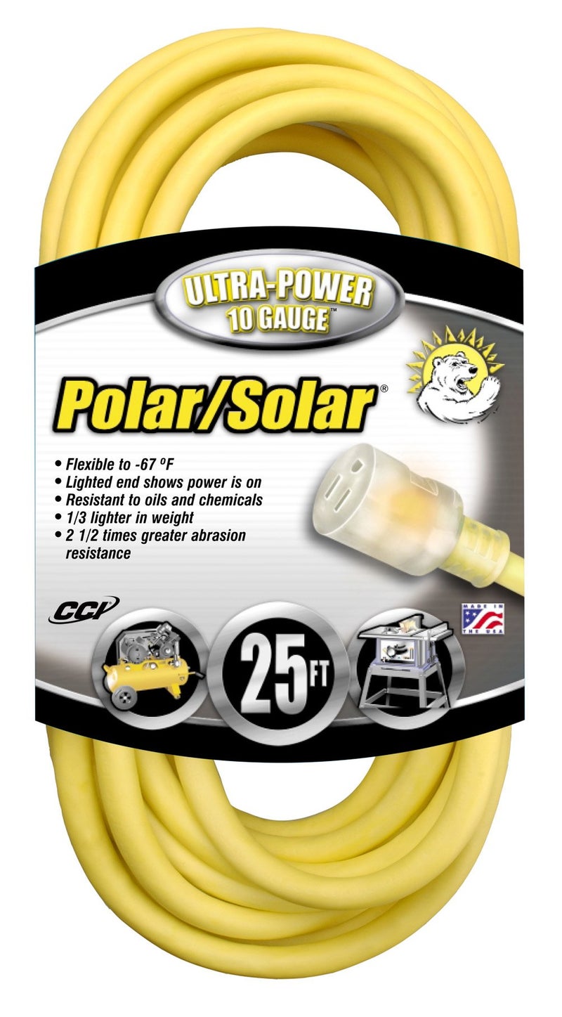Southwire PolarSolar Extra Heavy Duty Extension Cord 25Ft 10 Gauge 3 Conductor Lighted Ends SJEOOW Yellow 1787SW0002