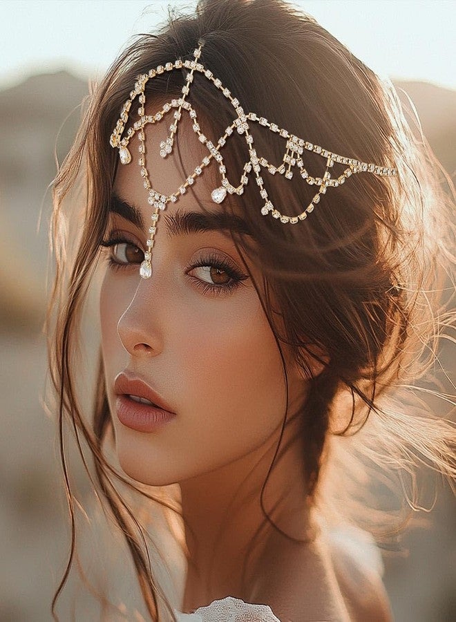 فديزاينر مجوهرات سلسلة الرأس الكريستالية من Fdesigner، قطع رأس الزفاف، مجوهرات شعر العروس المرصعة بأحجار الراين، إكسسوارات شعر نسائية (ذهبي) - Image 2