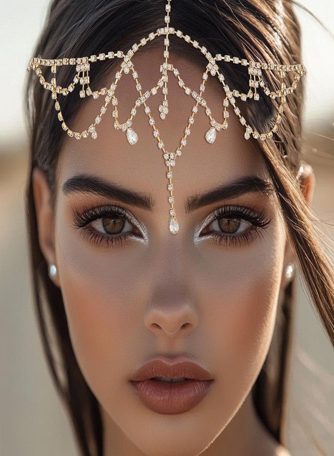 فديزاينر مجوهرات سلسلة الرأس الكريستالية من Fdesigner، قطع رأس الزفاف، مجوهرات شعر العروس المرصعة بأحجار الراين، إكسسوارات شعر نسائية (ذهبي) - Image 5