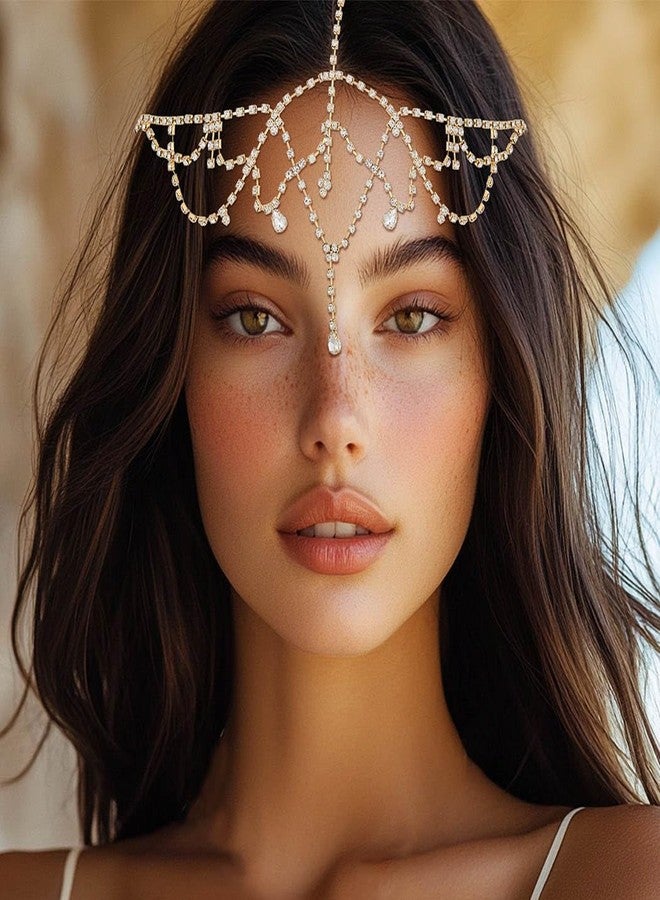 فديزاينر مجوهرات سلسلة الرأس الكريستالية من Fdesigner، قطع رأس الزفاف، مجوهرات شعر العروس المرصعة بأحجار الراين، إكسسوارات شعر نسائية (ذهبي) - Image 3