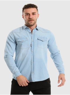 WHITE RABBIT Front Patched Pockets Buttoned Denim Shirt - Ice Blue  - Image 1