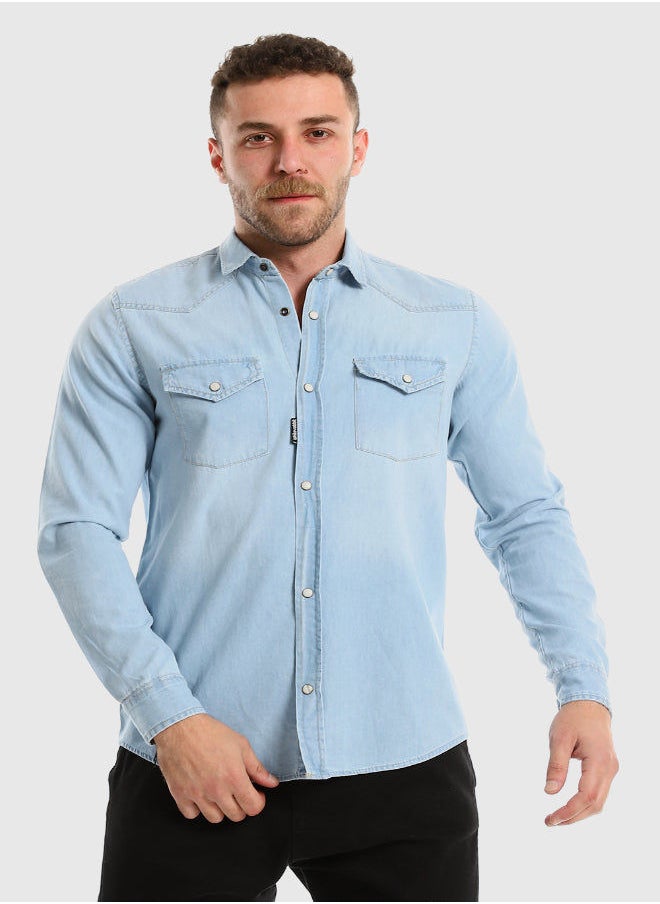 WHITE RABBIT Front Patched Pockets Buttoned Denim Shirt - Ice Blue  - Image 1