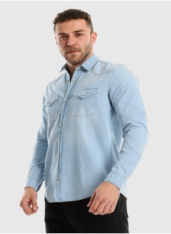 WHITE RABBIT Front Patched Pockets Buttoned Denim Shirt - Ice Blue  - Image 2