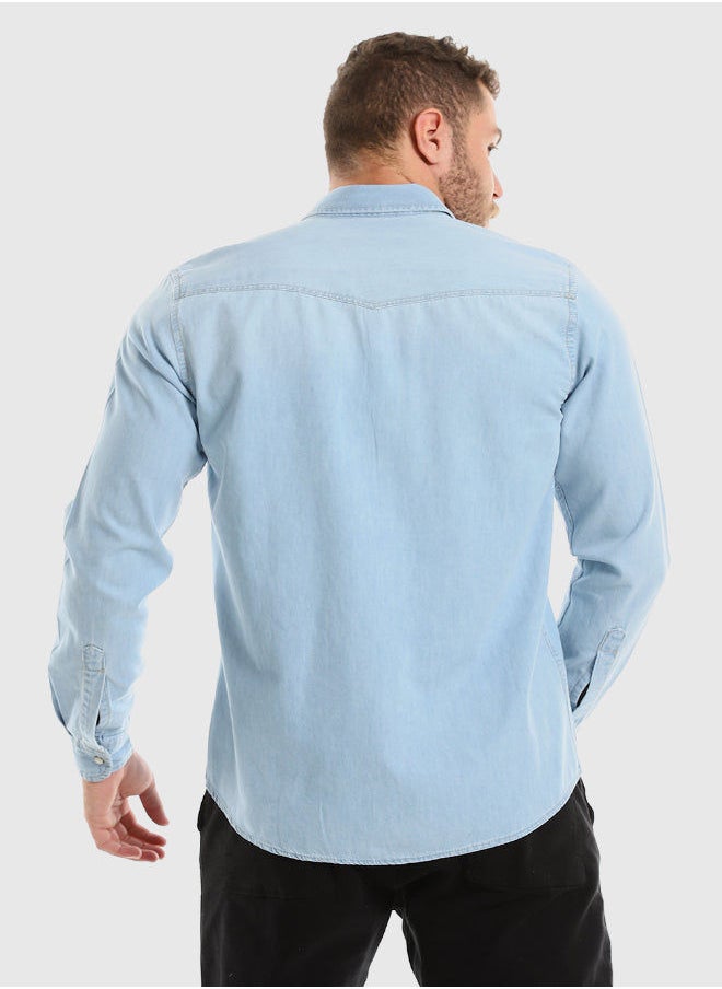 WHITE RABBIT Front Patched Pockets Buttoned Denim Shirt - Ice Blue  - Image 3