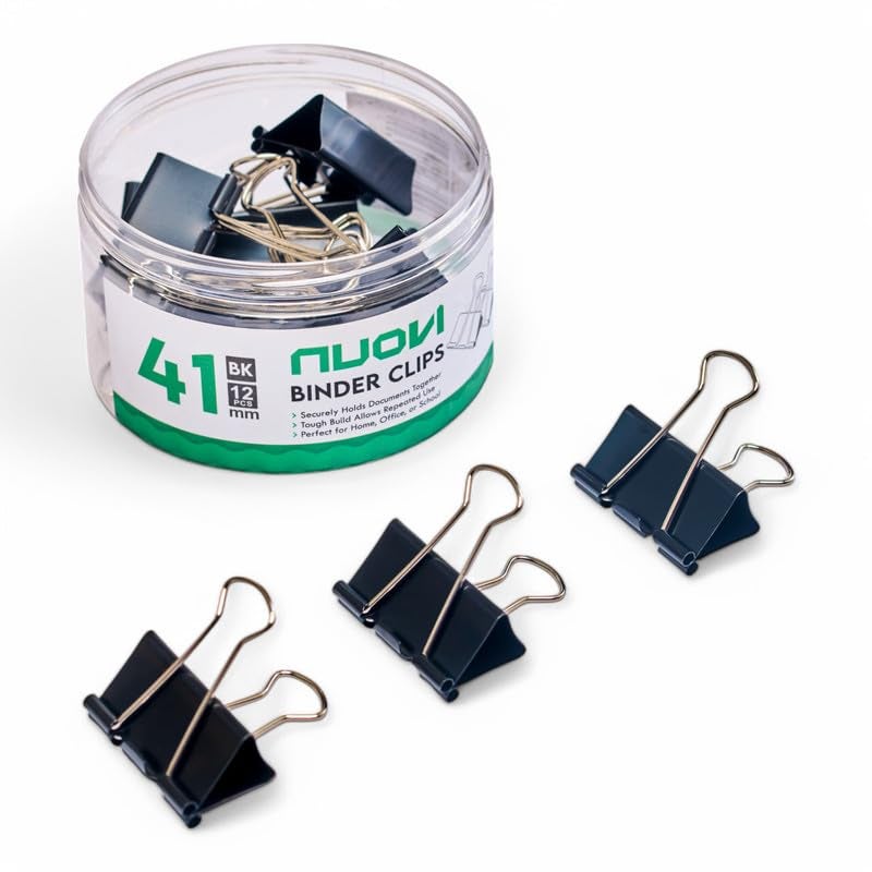 NUOVI 41mm Binder Clips-Black | Made of Tempered Steel, Durable & Rust-Resistant | Perfect for Holding Loose Papers | Ideal for School, Office & Home (Pack of 12) - Image 1