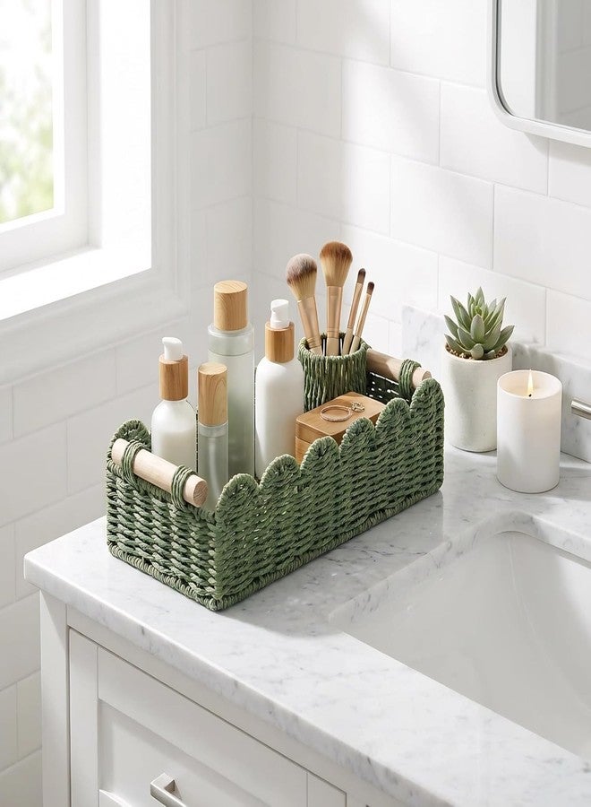 CubesLand Scalloped Decor Basket for Living Room, Home, Bathroom, 2SAME SIZE Paper Rope Basket, Toilet Storage Baskets for Over Toilet Storage Shelf, Cozy Woven Basket Both Storage&Decor, Green - Image 3