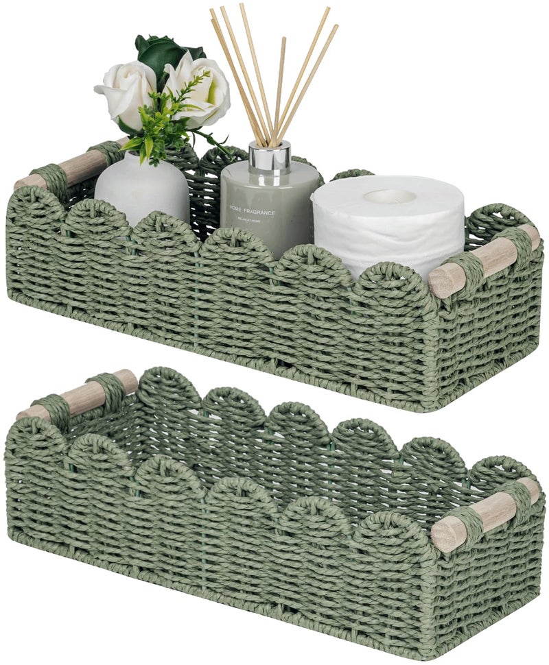 CubesLand Scalloped Decor Basket for Living Room, Home, Bathroom, 2SAME SIZE Paper Rope Basket, Toilet Storage Baskets for Over Toilet Storage Shelf, Cozy Woven Basket Both Storage&Decor, Green - Image 1