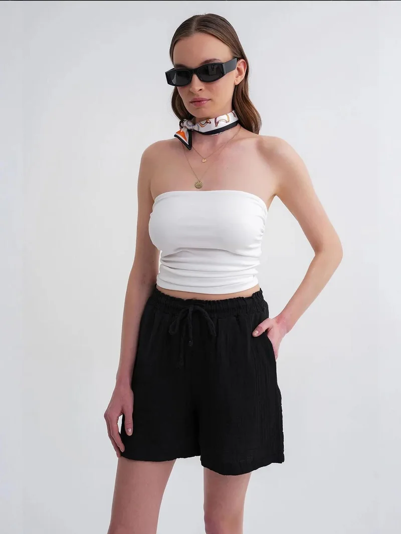 MixRay Black Mixray High-Waisted Textured Cotton Shorts for Women | Best Price UAE