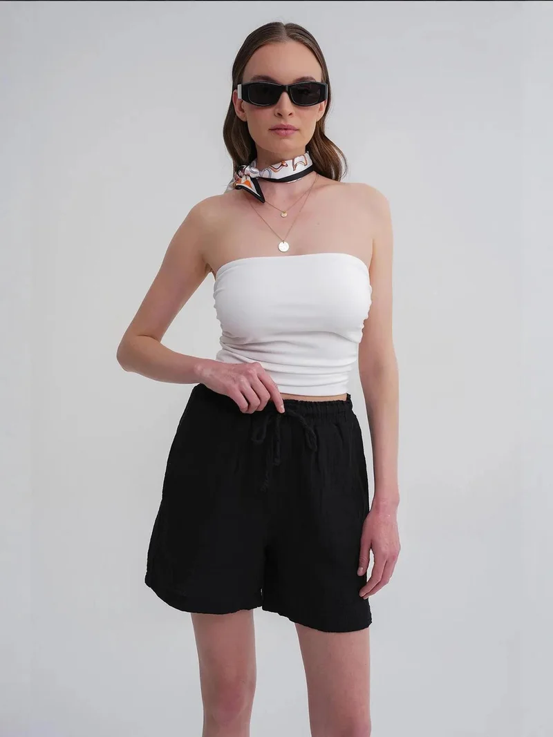 MixRay Black Mixray High-Waisted Textured Cotton Shorts for Women | Best Price UAE