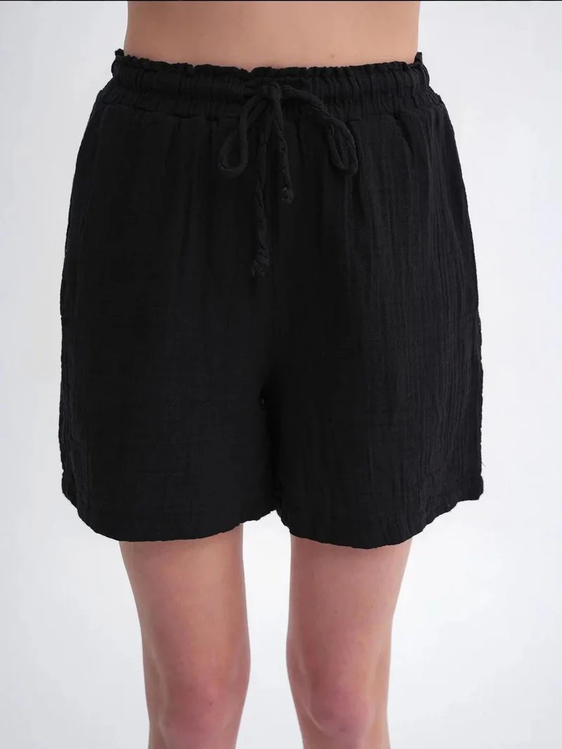 MixRay Black Mixray High-Waisted Textured Cotton Shorts for Women | Best Price UAE