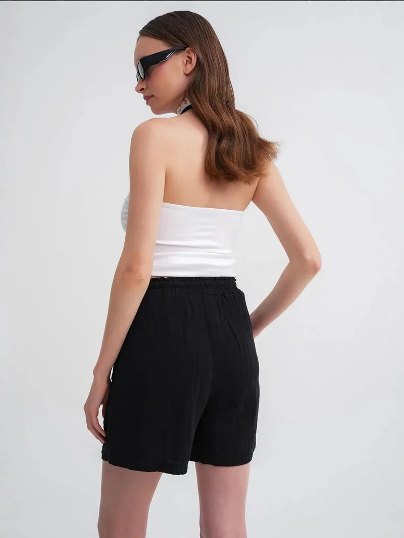 MixRay Black Mixray High-Waisted Textured Cotton Shorts for Women | Best Price UAE