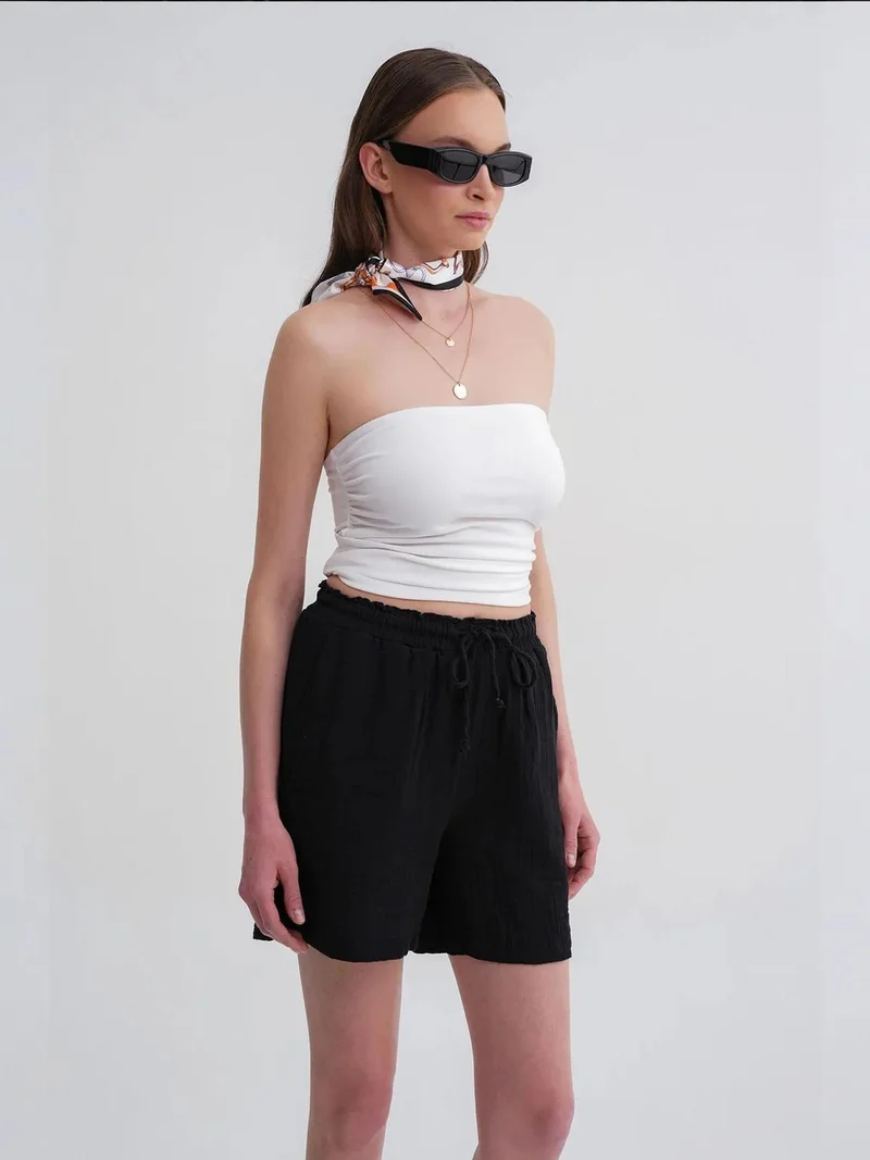 MixRay Black Mixray High-Waisted Textured Cotton Shorts for Women | Best Price UAE