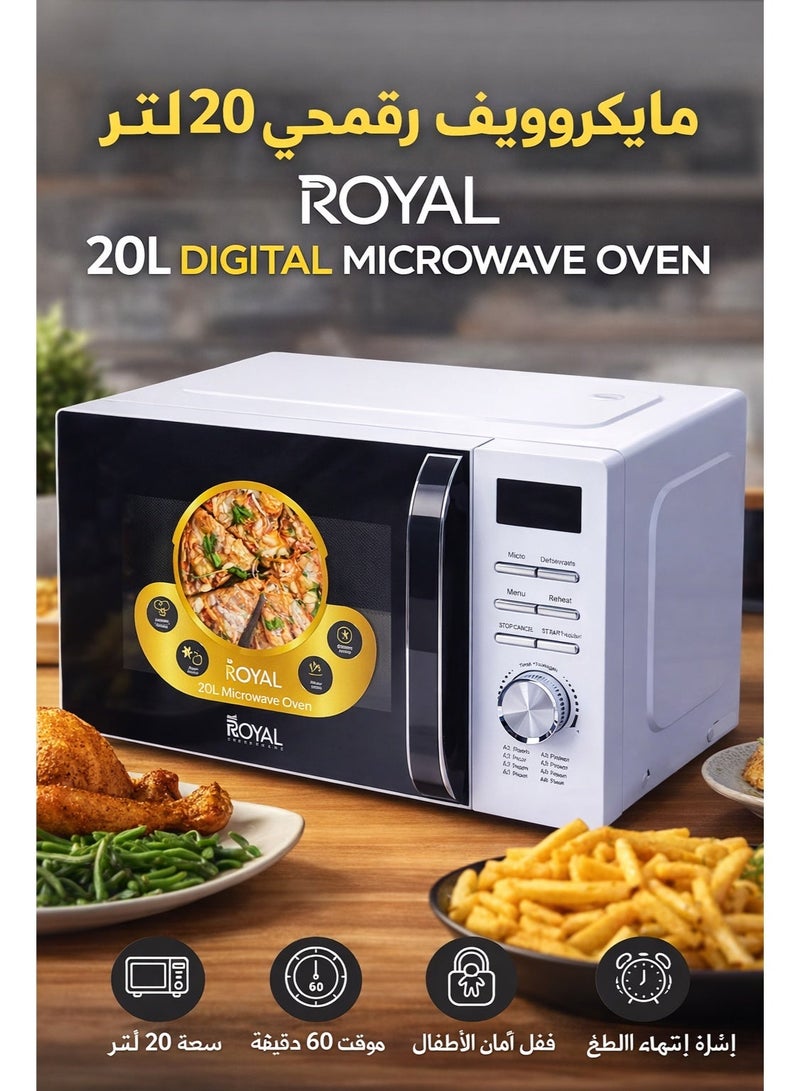 Royal Appliances Digital Microwave Oven 20 Liters, 700 Watts, 5 Power Leves, 60 min Timer, Child Safety-Lock, Cooking End Signal, Easy Pull Chrome Handle, Grey, RA-20XDG4 - Image 1