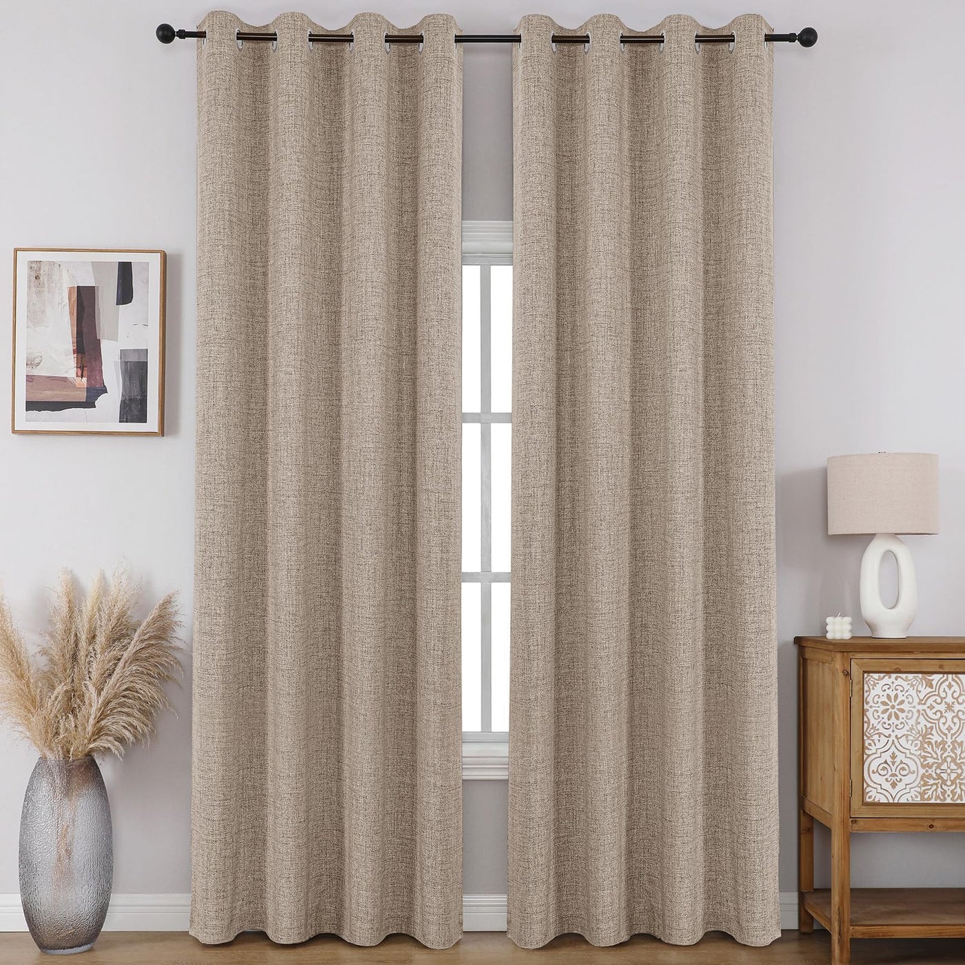 CUCRAF 100% Blackout Window Curtains for Bedroom Noise Reducing,Thermal Insulated Room Darkening Grommet Drapes for Living Room,2 Panels Sets(52 x 95 inches, Light Khaki)