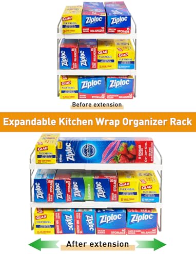 JUPELI Foil and Plastic Wrap Organizer, Expandable Kitchen Pantry Storage, Height Adjustable Cabinet Rack for Kitchen Organization, Aluminum Foil -3 Tier 9.8" to 15.6"L - Image 3