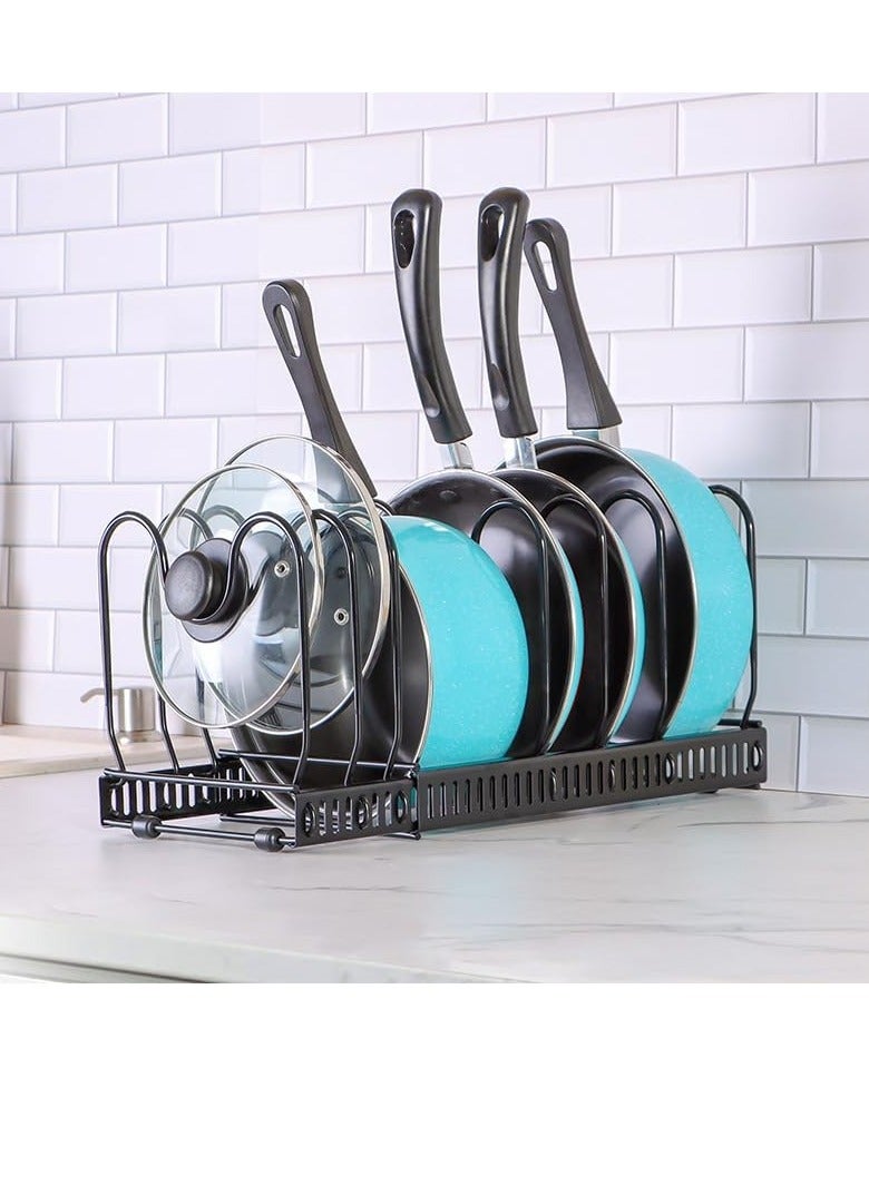 راكسوم منظم الأواني والمقالي: حامل منظم لأغطية الأواني قابل للتمدد مع 10 حجرات قابلة للتعديل لرف أطباق أواني الطهي لخزانة المطبخ باللون الأسود - Image 2