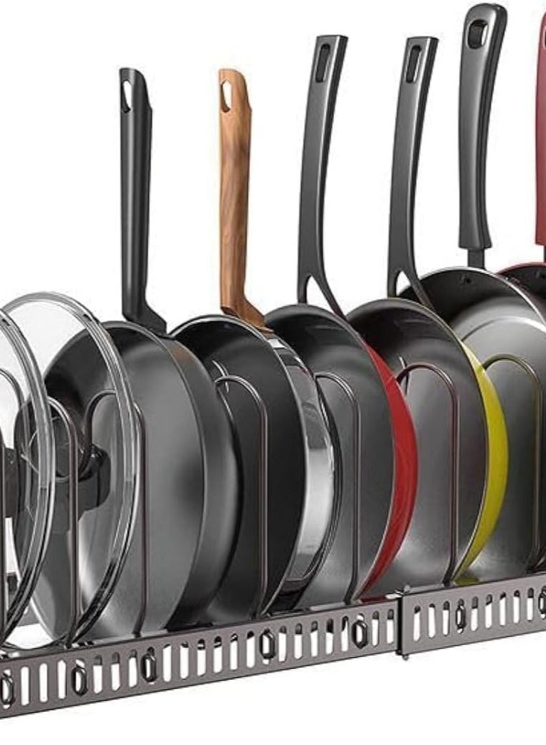 راكسوم منظم الأواني والمقالي: حامل منظم لأغطية الأواني قابل للتمدد مع 10 حجرات قابلة للتعديل لرف أطباق أواني الطهي لخزانة المطبخ باللون الأسود - Image 1