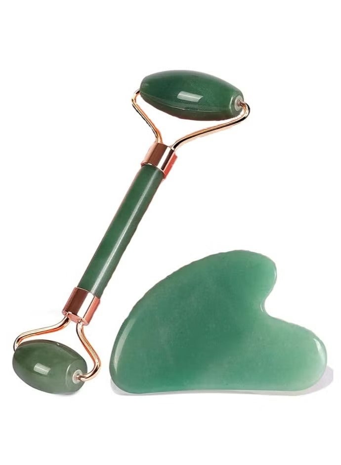 2-Piece Jade Roller & Gua Sha Set，Face Roller and Gua Sha Facial Tools for Skin Care Routine and Puffiness, Self Care Gift for Men Women - Green - Image 1