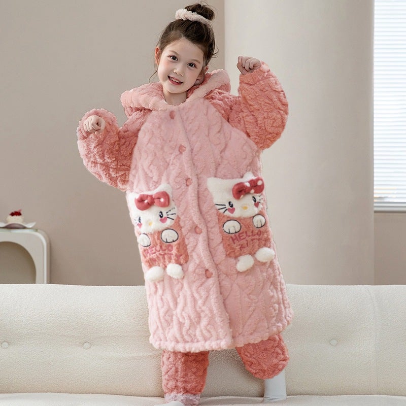 Children'S Pajamas Thick Coral Fleece Three-Layer Quilted Winter Flannel Long Girls' Nightgown Bathrobe - Image 4