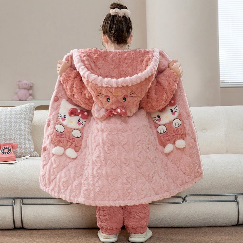 Children'S Pajamas Thick Coral Fleece Three-Layer Quilted Winter Flannel Long Girls' Nightgown Bathrobe - Image 5