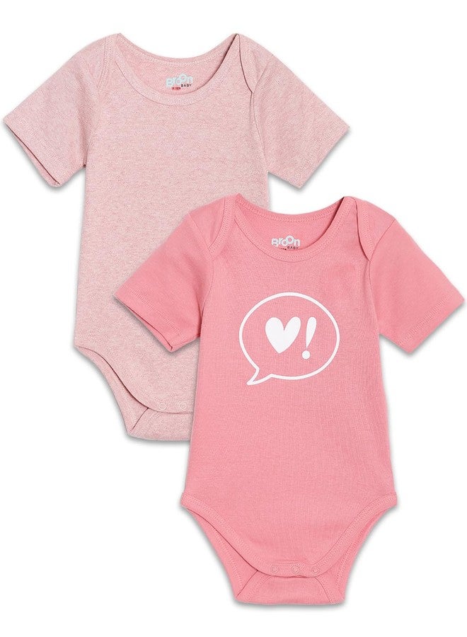 Broon Boys & Girls Pink and Fuchsia Printed Rompers | Premium Organic Cotton | Short Sleeves with Print and Embroidery | Infant Wear | Chemical Free | Pack of 2 - Image 1