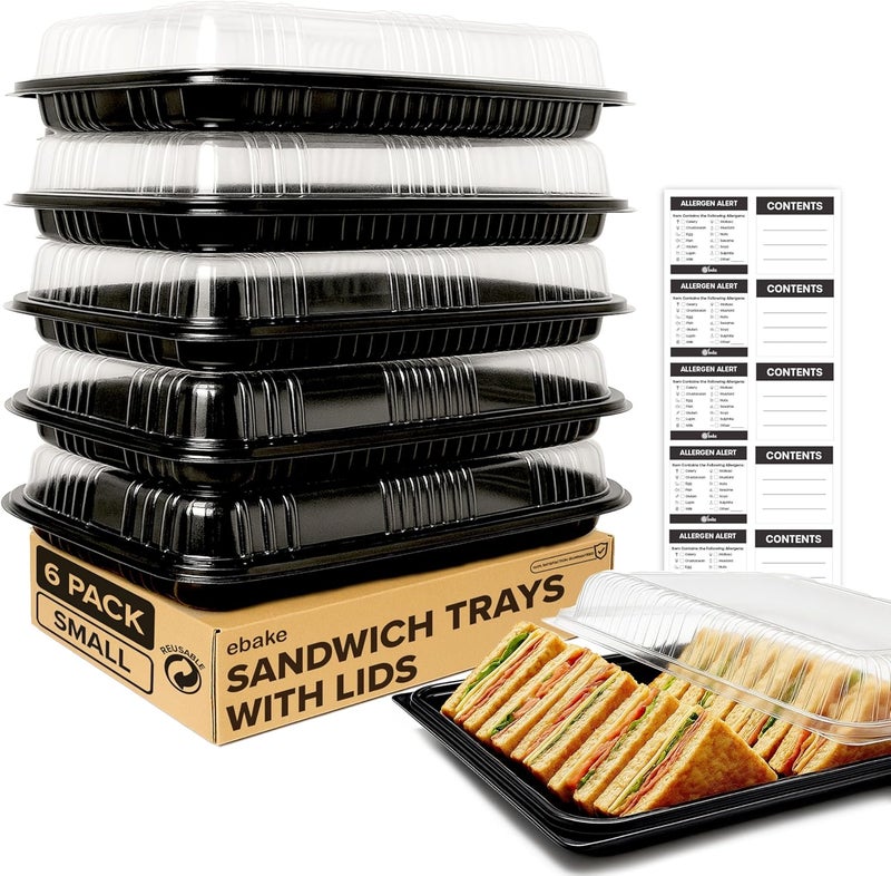ebake 6 Pack Catering Trays with Lids – 13" Serving Tray with Lid, Heavy Duty Recyclable Plastic Party Platters for Catering, Buffet, Picnics & Events – Food Trays with Clear Lid (13.39 × 9.84 × 2.95 inch) - Image 1