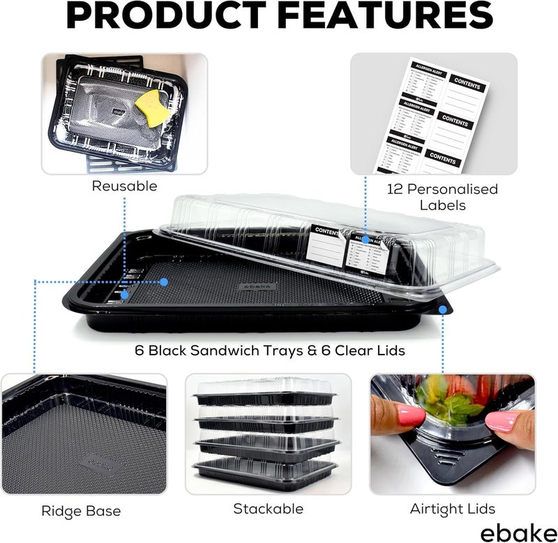 ebake 6 Pack Catering Trays with Lids – 13" Serving Tray with Lid, Heavy Duty Recyclable Plastic Party Platters for Catering, Buffet, Picnics & Events – Food Trays with Clear Lid (13.39 × 9.84 × 2.95 inch) - Image 3