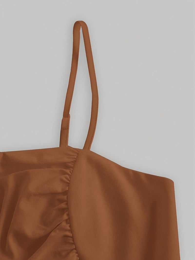 Nian Nian Selected Targeted Style - Solid Color Suspender Drawstring Off-Shoulder Dress - Image 3