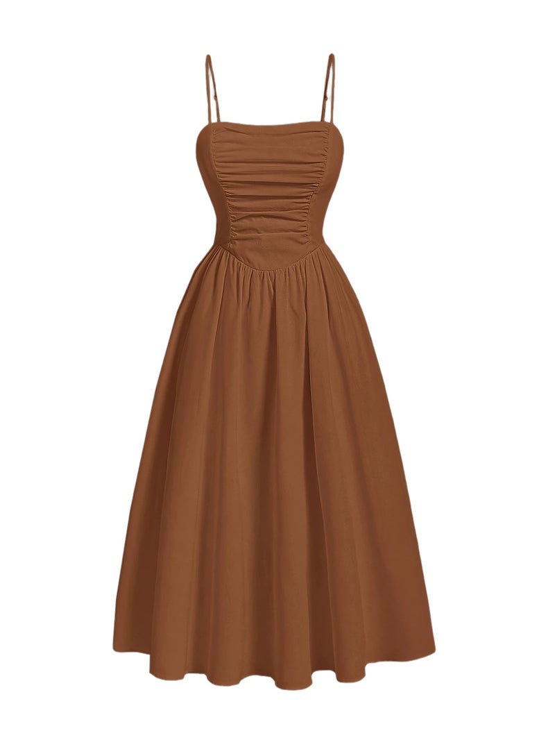 Nian Nian Selected Targeted Style - Solid Color Suspender Drawstring Off-Shoulder Dress - Image 1