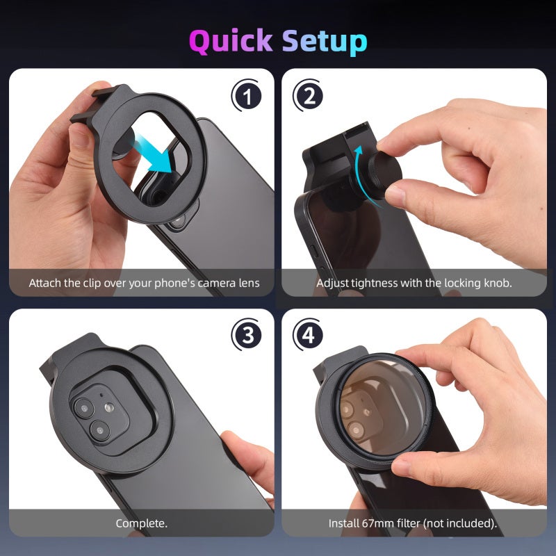 Phone Filter Mount: 67mm Aluminum Alloy Clip With Rotating Lock Knob, Cold Shoe Mount - Wide Compatibility For ND, CPL, UV Filters For Smartphone Photography - Image 4