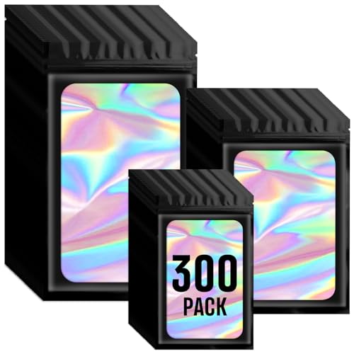 Funfery 300 Pack 3 Size Mylar Holographic Bags with Clear Window,Resealable Bag Smell Proof Bags Zipper Foil Baggie Packaging Pouch for Food Storage,Sample,Small Business(Black,3x4.7,4x6,4.7x7.9in) - Image 1