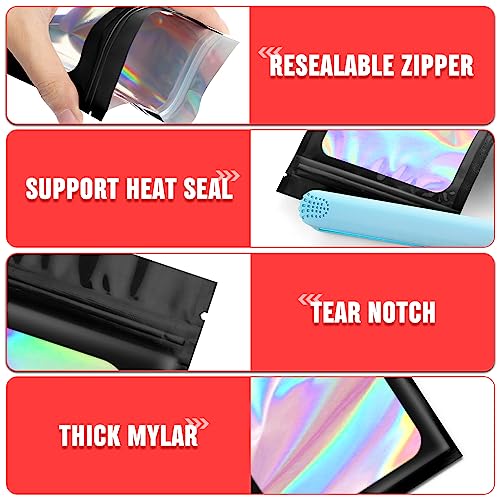 Funfery 300 Pack 3 Size Mylar Holographic Bags with Clear Window,Resealable Bag Smell Proof Bags Zipper Foil Baggie Packaging Pouch for Food Storage,Sample,Small Business(Black,3x4.7,4x6,4.7x7.9in) - Image 5