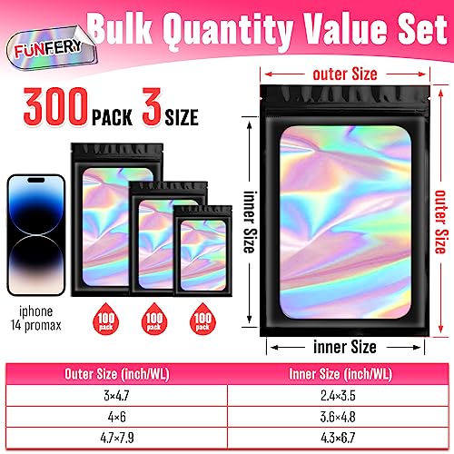 Funfery 300 Pack 3 Size Mylar Holographic Bags with Clear Window,Resealable Bag Smell Proof Bags Zipper Foil Baggie Packaging Pouch for Food Storage,Sample,Small Business(Black,3x4.7,4x6,4.7x7.9in) - Image 2