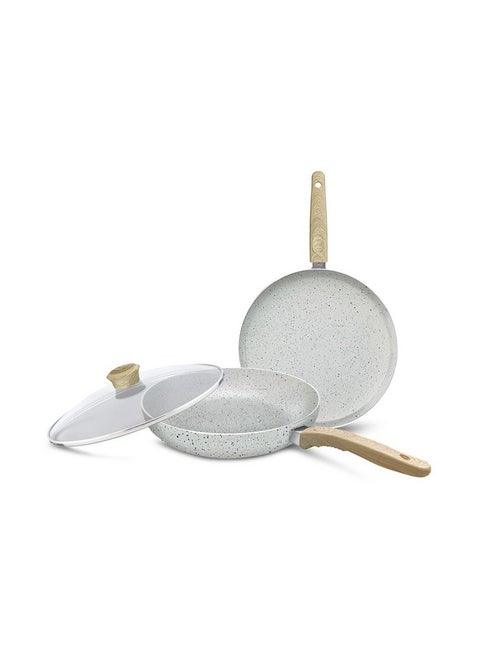 NIRLEP Joy Series 25 cm Tawa & 20cm Frying Pan with Glass lid Set|Granite Non-Stick Set| Induction Base| Easy Cooking| Easy to Clean| Soft Touch Handles | Cookware Set| 1-Yr Warranty by Bajaj| Grey