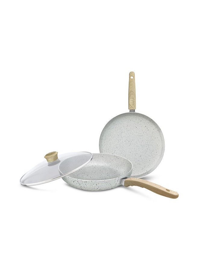 NIRLEP NIRLEP Joy Series 25 cm Tawa & 20cm Frying Pan with Glass lid Set|Granite Non-Stick Set| Induction Base| Easy Cooking| Easy to Clean| Soft Touch Handles | Cookware Set| 1-Yr Warranty by Bajaj| Grey  - Image 1