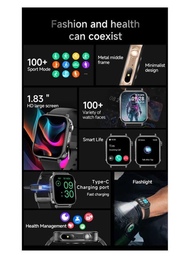 Men's 1.83"HD large screen multiple sports modes Type-C rechargeable Bluetooth phone large capacity battery smart watch - Image 2