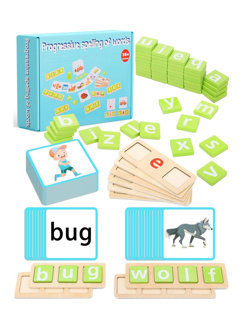 Excefore Wooden CVC Word Spelling Games, Montessori Educational Toys, Vowel Learning Toys with 50 Sight Word Flash Cards, Gift for 3 4 5 6 Year Old Kid  - Image 1