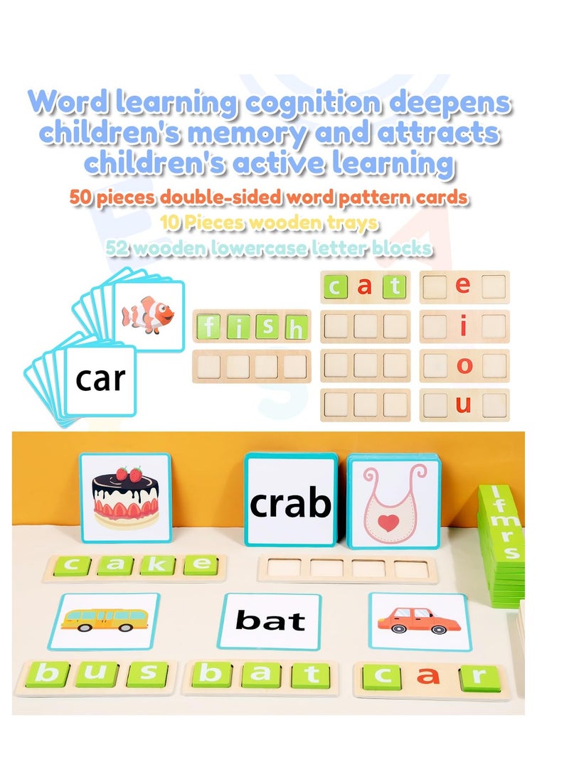 Excefore Wooden CVC Word Spelling Games, Montessori Educational Toys, Vowel Learning Toys with 50 Sight Word Flash Cards, Gift for 3 4 5 6 Year Old Kid  - Image 4