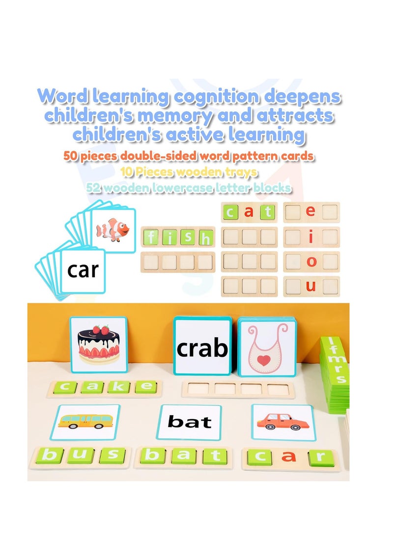Excefore Wooden CVC Word Spelling Games, Montessori Educational Toys, Vowel Learning Toys with 50 Sight Word Flash Cards, Gift for 3 4 5 6 Year Old Kid  - Image 3